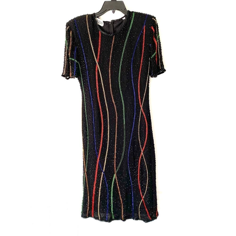 Swee Lo Vintage Multicolored Beaded Sequin Black Dress size Medium